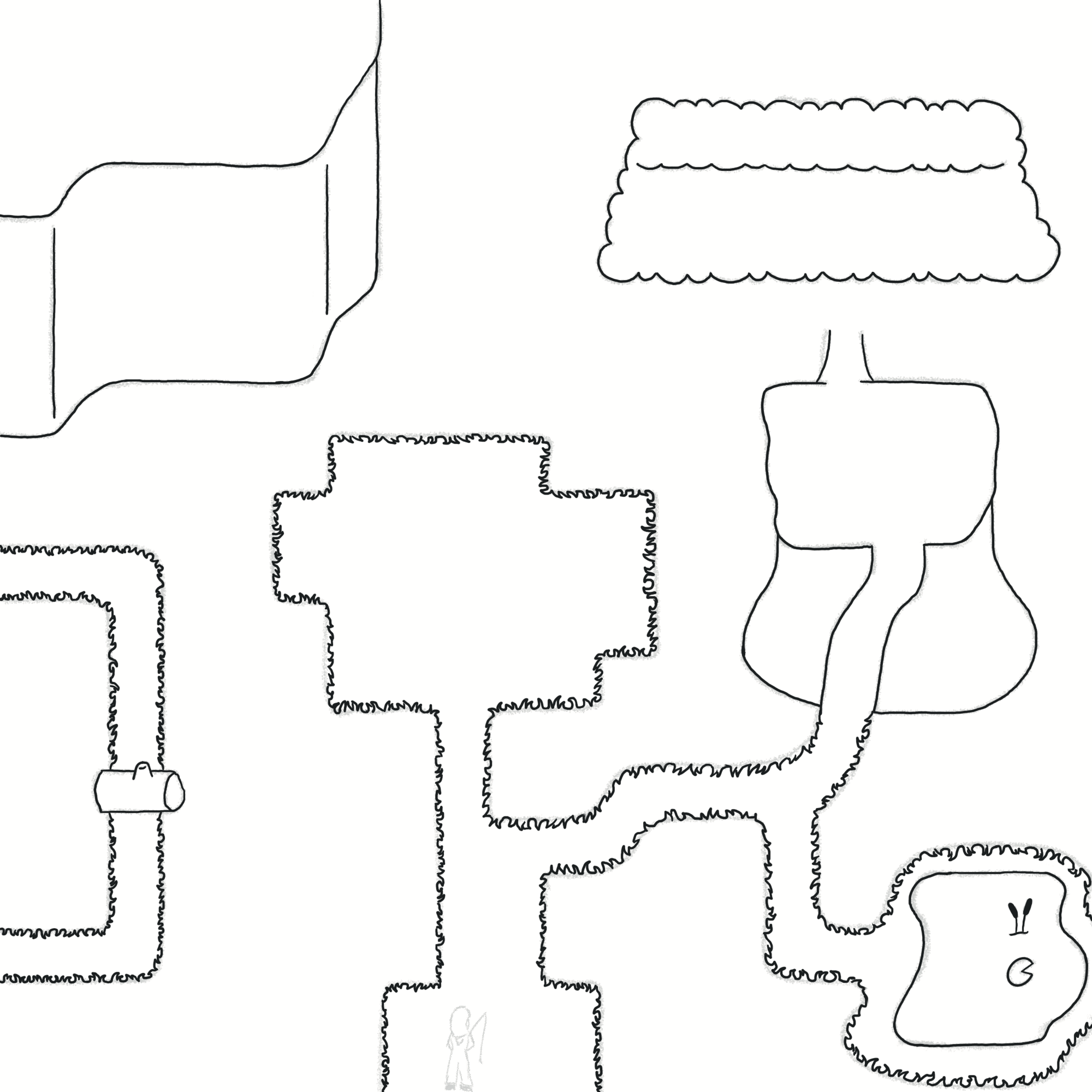 A black-and-white drawing of a top-down environment, showcasing a mountain, a shrub, a plateau, a creek, and a pond.