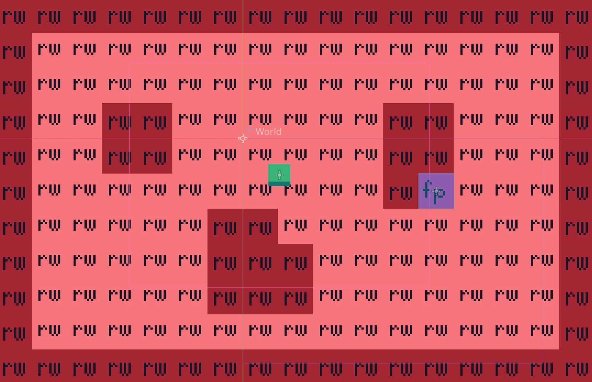 A game map made of salmon and rust red blocks, each stamepd with "rw". There is a green square, representing Zel, in the middle of the level and a purple "fp" block representing a teleport to the Place Just Beneath.