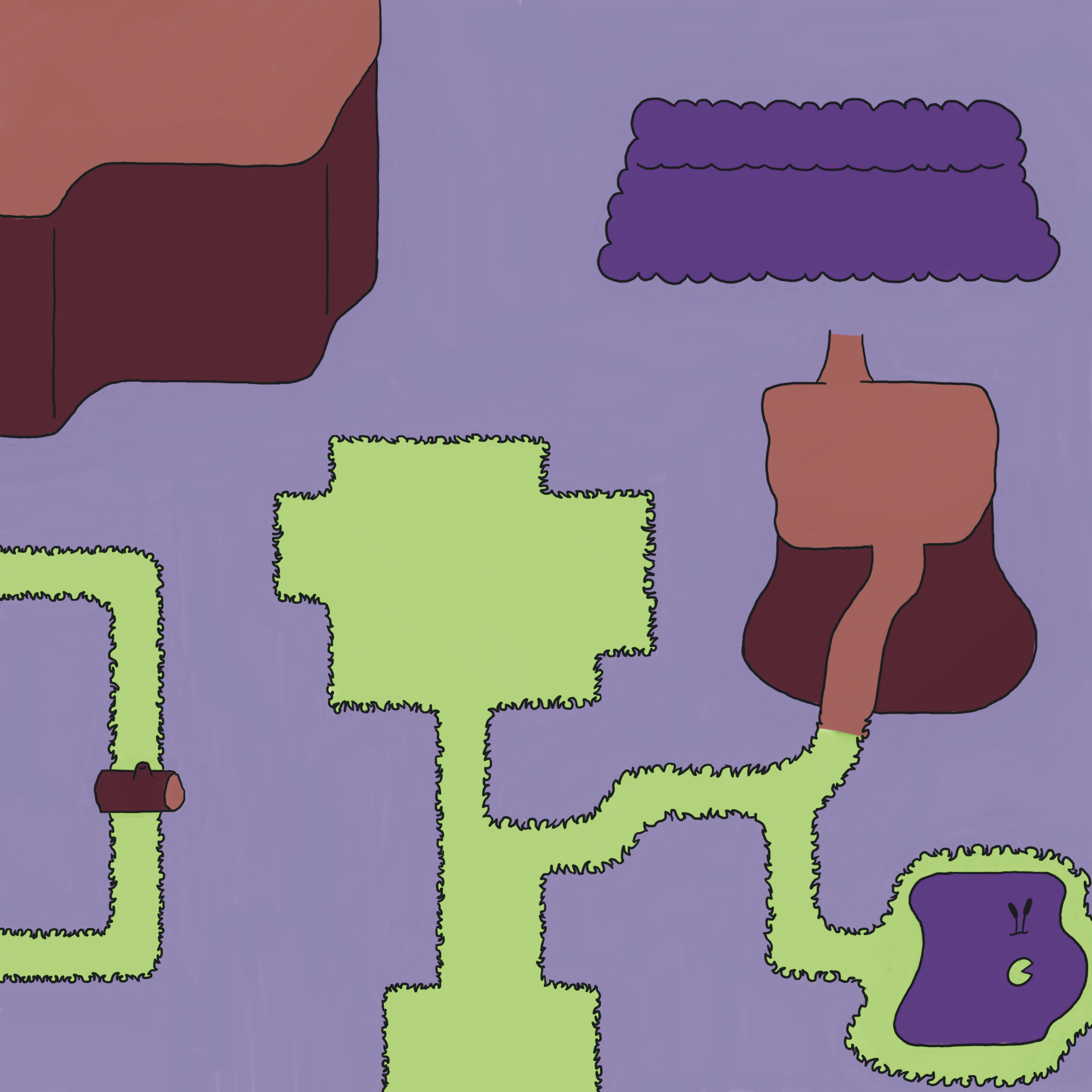 A flat-colored terrain showing grass, dirt, a pond, a plateau, and a hedge. The scene uses greens, purple, and browns.