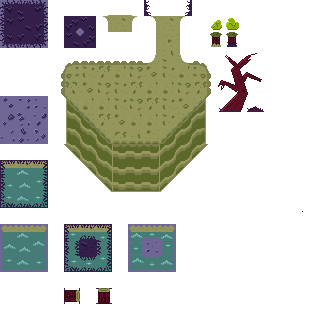 A tileset showing terrain (grassy and rocky), waterways, grappling posts, logs, and rocks.