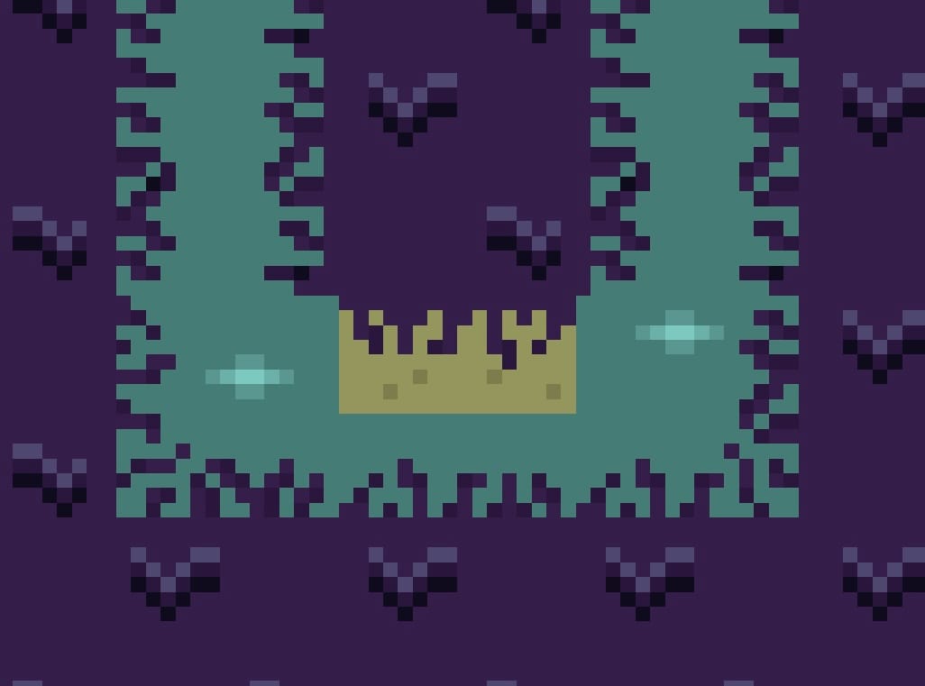 A pixel representation of a deep-purple, grassy peninsula.