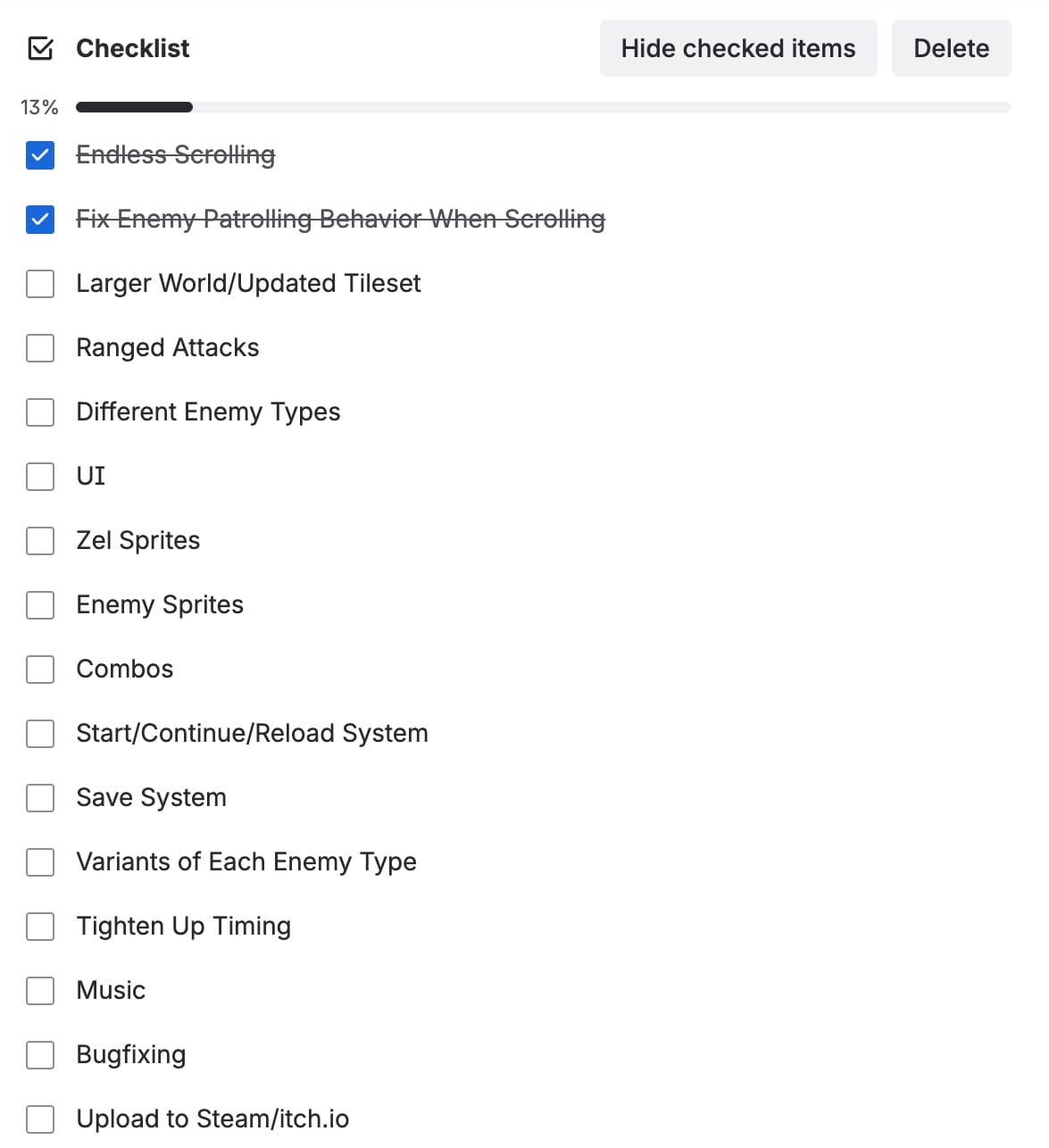 A Trello checklist showing the progress of Just Beneath the Holler's prototype. The next three, unchecked items are "Larger World/Updated Tileset," "Ranged Attacks," and "Different Enemy Types".