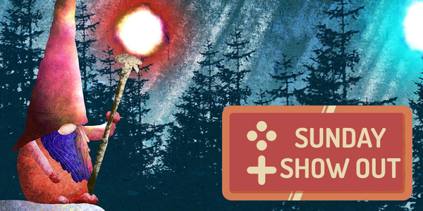 A red-clad gnome with a purple beard, holding a staff with a glowing red orb at the end of it. The gnome is set against a moonlit pine forest.